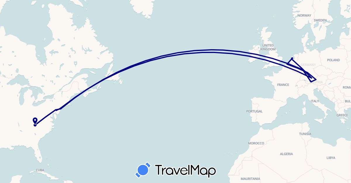 TravelMap itinerary: driving in Austria, Belgium, Germany, Netherlands, United States (Europe, North America)